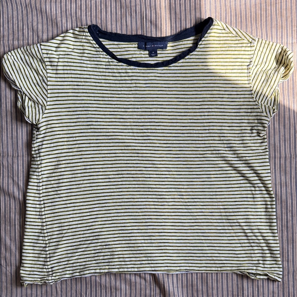 Tommy Hilfiger Navy and Yellow Striped Tee - Size M
